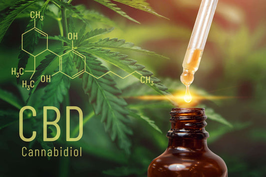 Close-up of CBD oil dropper releasing oil into a bottle with cannabis leaves and benefits of MCT oil in CBD products