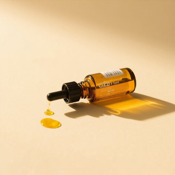 CBD oil dropper with golden MCT carrier oil close-up