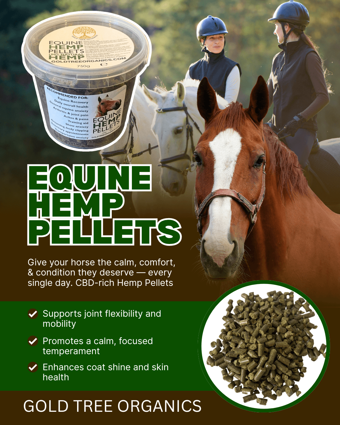 Gold Tree Organics Equine Hemp Pellets for calming and enhancing horse well-being