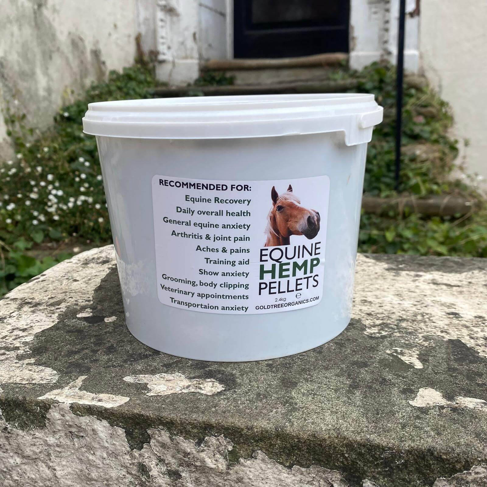 Gold Tree Organics Equine Hemp Pellets container for equine recovery and health benefits