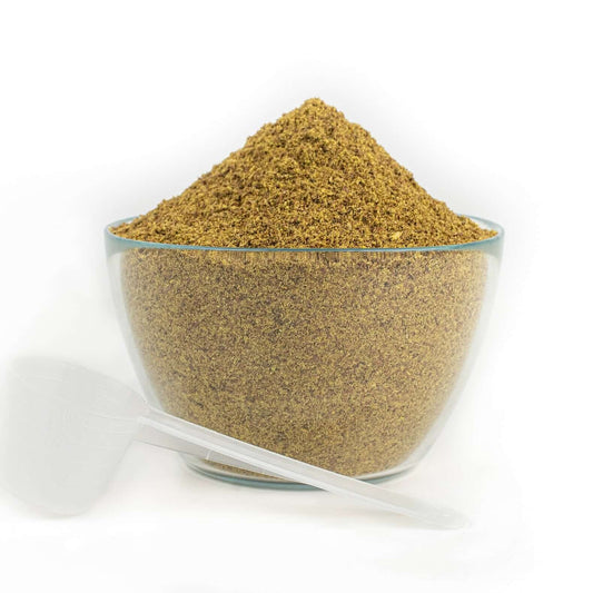 Gold Tree Organics horse herb mix powder in glass bowl with scoop horse respiratory supplement for equine breathing support