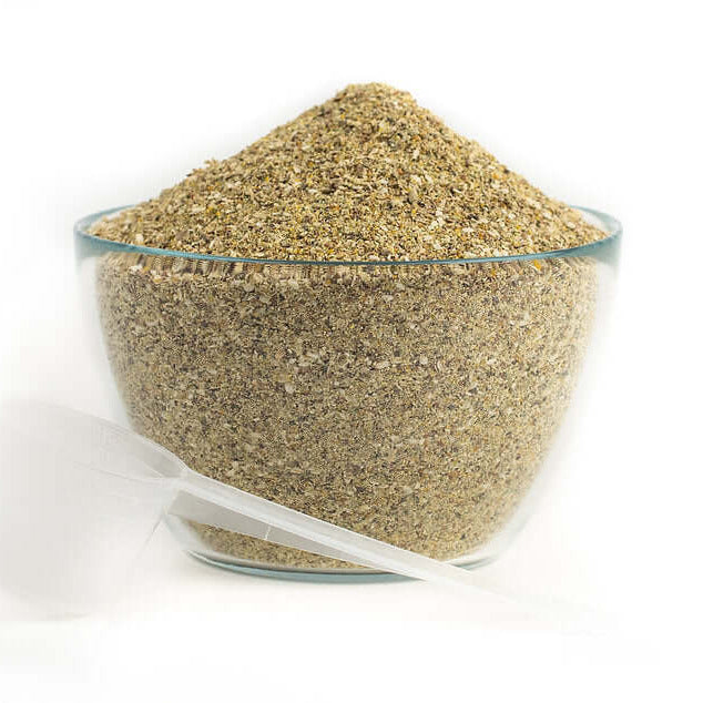 Gold Tree Organics Horse Herb Mix in glass bowl with scoop natural powder horse equine joint care supplement