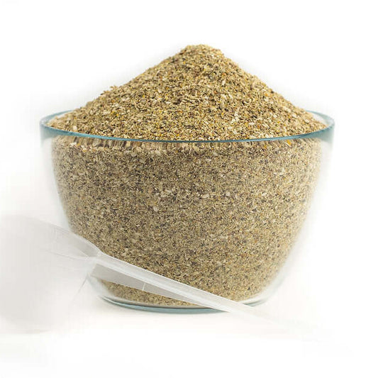 Gold Tree Organics Horse Herb Mix in glass bowl with scoop natural powder horse equine joint care supplement