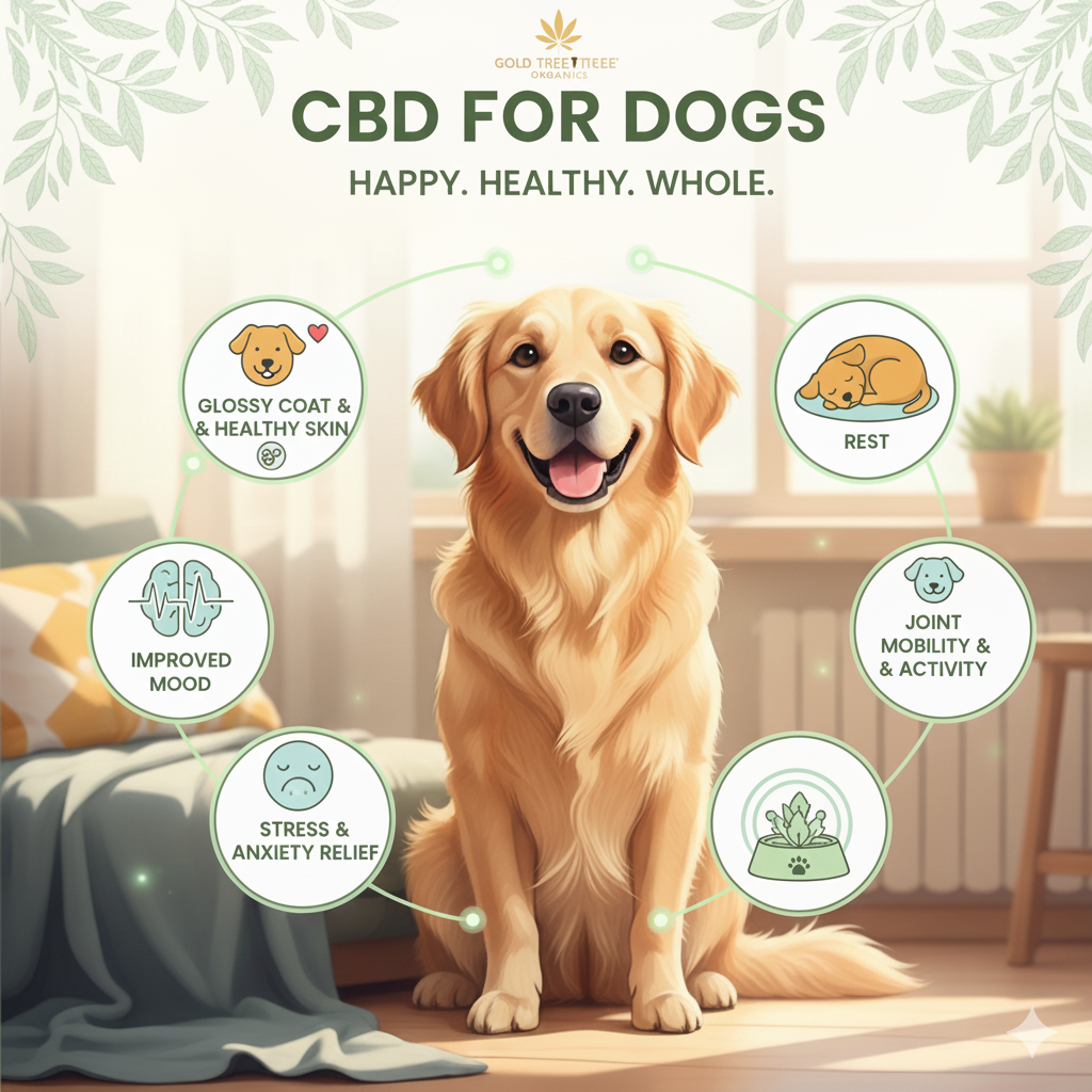 Gold Tree Organics natural dog anxiety relief CBD with benefits like improved mood and joint mobility