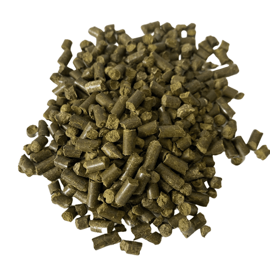 Gold Tree Organics equine hemp pellets pile of green brown cylindrical feed pellets for horses natural dietary supplement