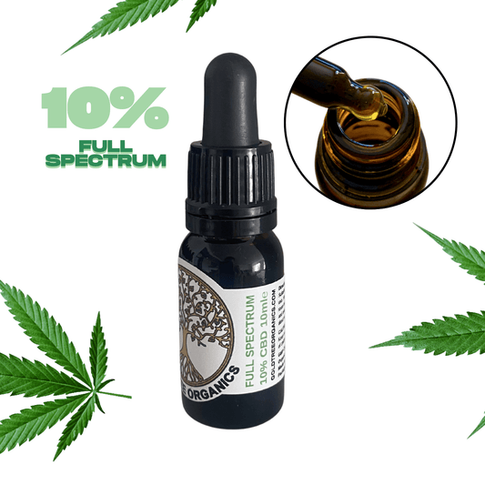 Gold Tree Organics 10 per cent full spectrum CBD oil amber dropper bottle with hemp leaves and oil drop