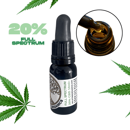 Gold Tree Organics full spectrum CBD oil 20 per cent tincture bottle with dropper and cannabis leaves