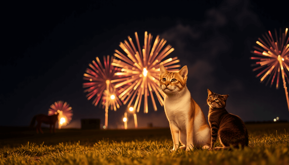 Cats enjoying a peaceful moment while fireworks illuminate the night, ideal for CBD for anxious animals on firework nights