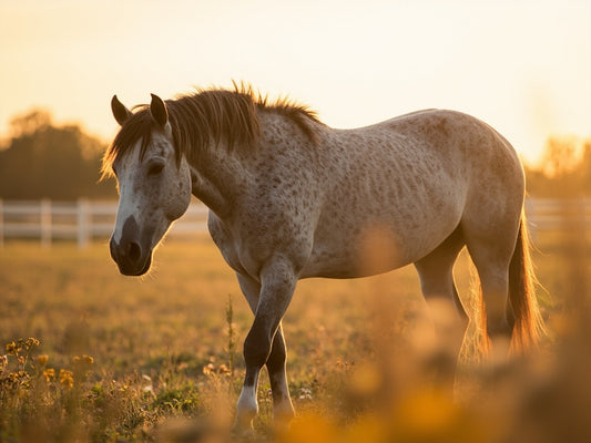 Dappled grey horse in sunlit paddock for nervous horse guide