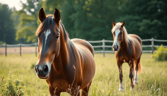 Two horses in a sunny field, illustrating an equine alternative therapy review