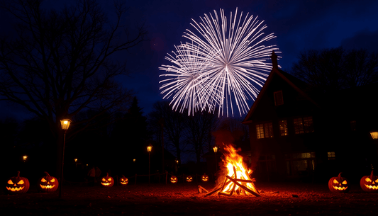 Halloween scene with carved pumpkins, a bonfire, and fireworks highlighting CBD for Halloween anxiety