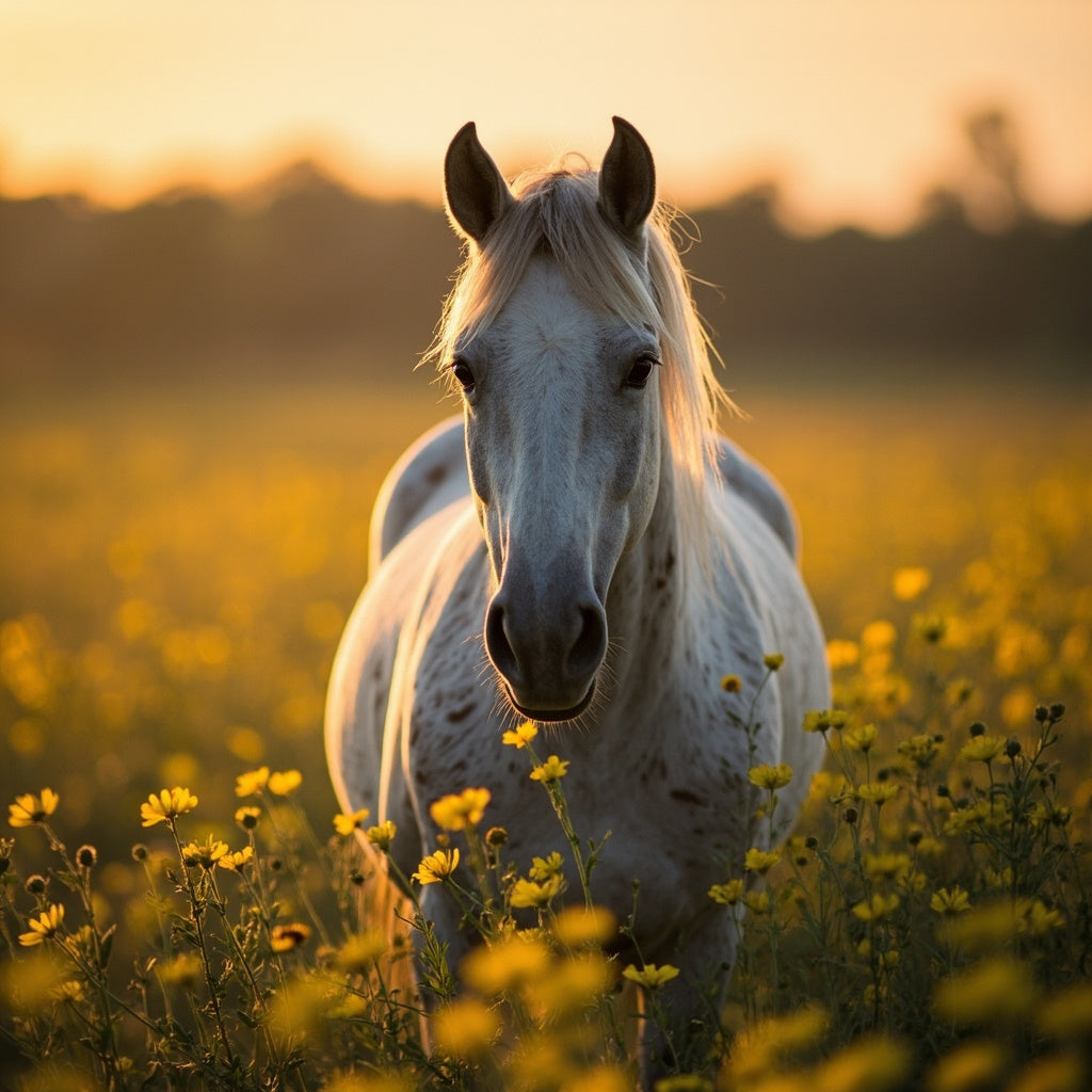 Grey horse grazing calmly among buttercups for a horse anxiety and CBD guide