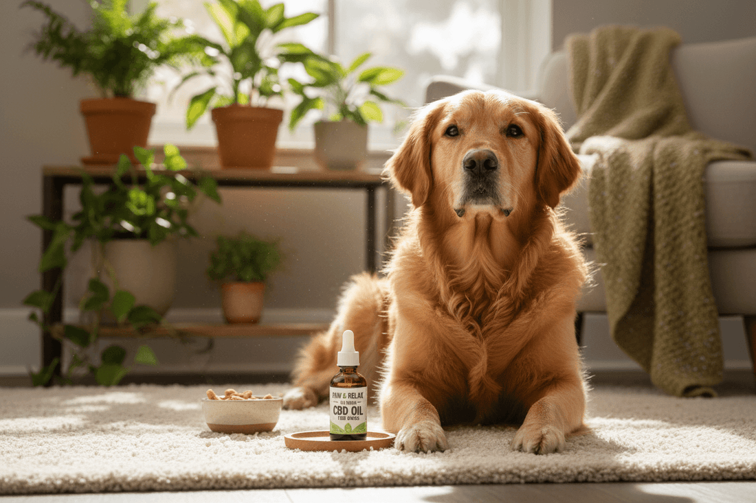 Golden Retriever lying on a rug next to CBD for Dogs UK oil and treats in a sunny living room