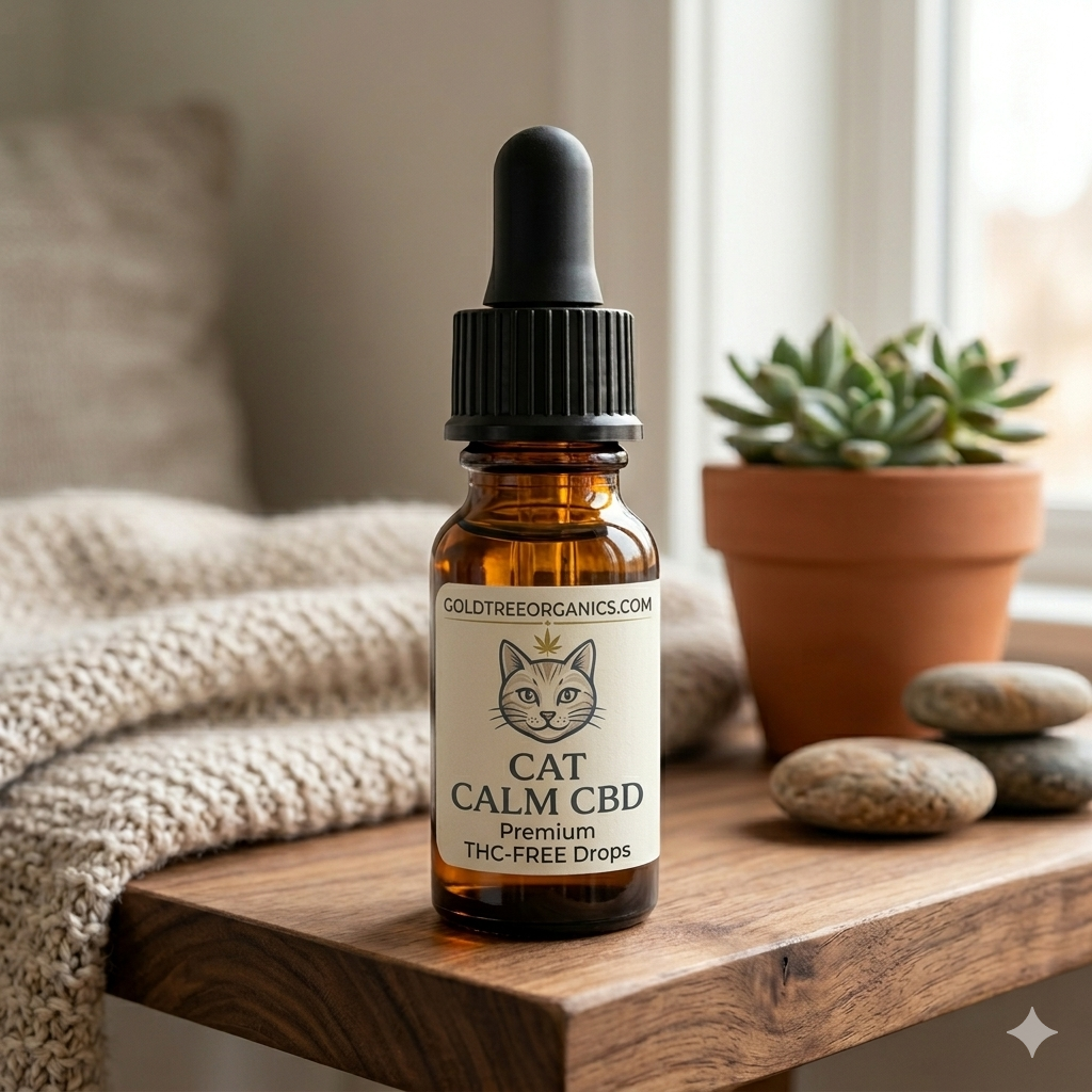 Cat beside a THC-free CBD oil dropper bottle for a cat dosage guide