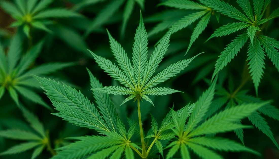 Close-up of lush green cannabis leaves representing CBD success stories UK