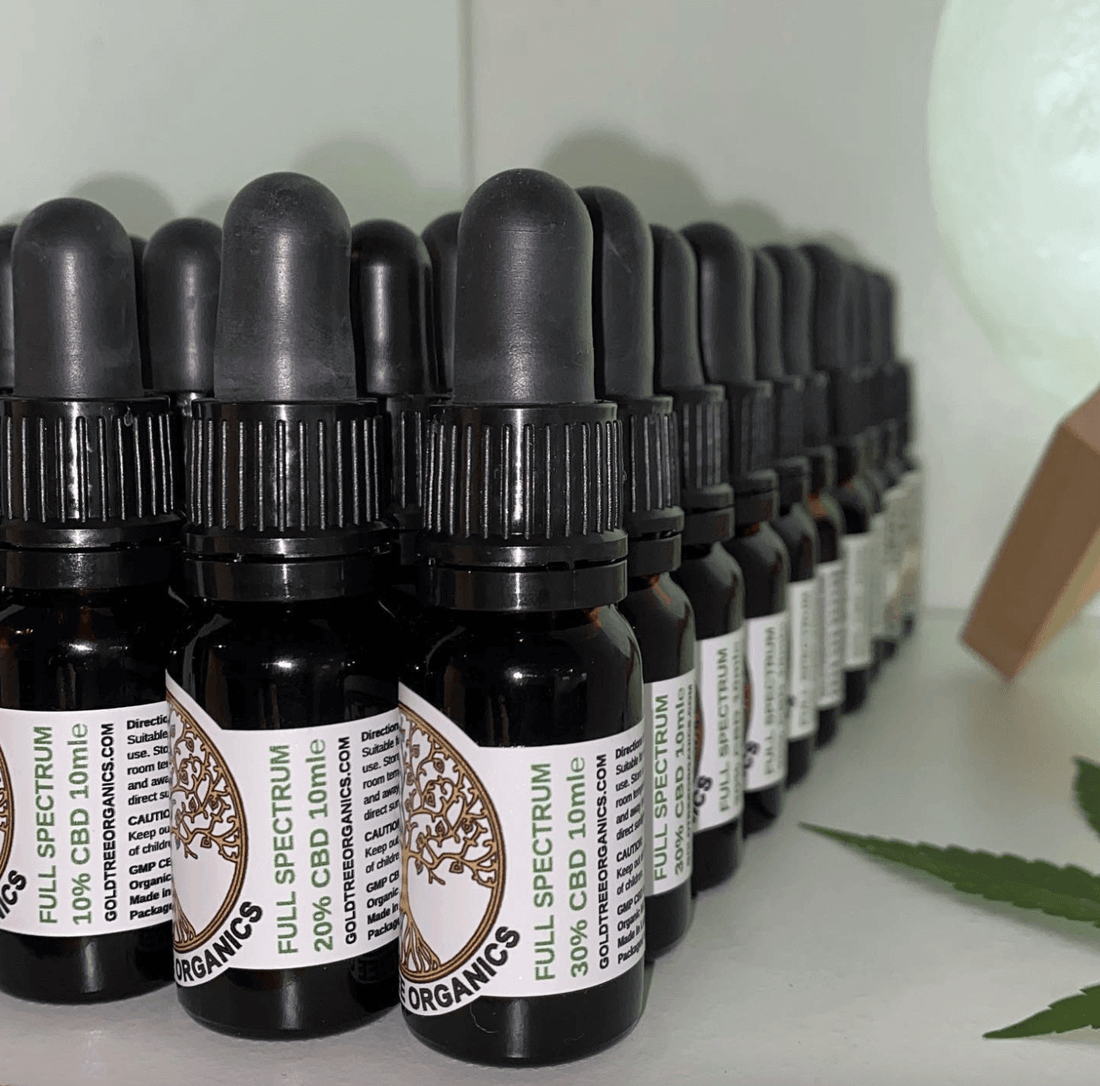 Rows of full spectrum CBD oil bottles showcasing the health benefits of full spectrum CBD oil