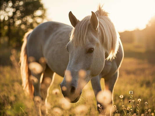 Elderly grey horse in sunlit paddock for CBD senior horses guide