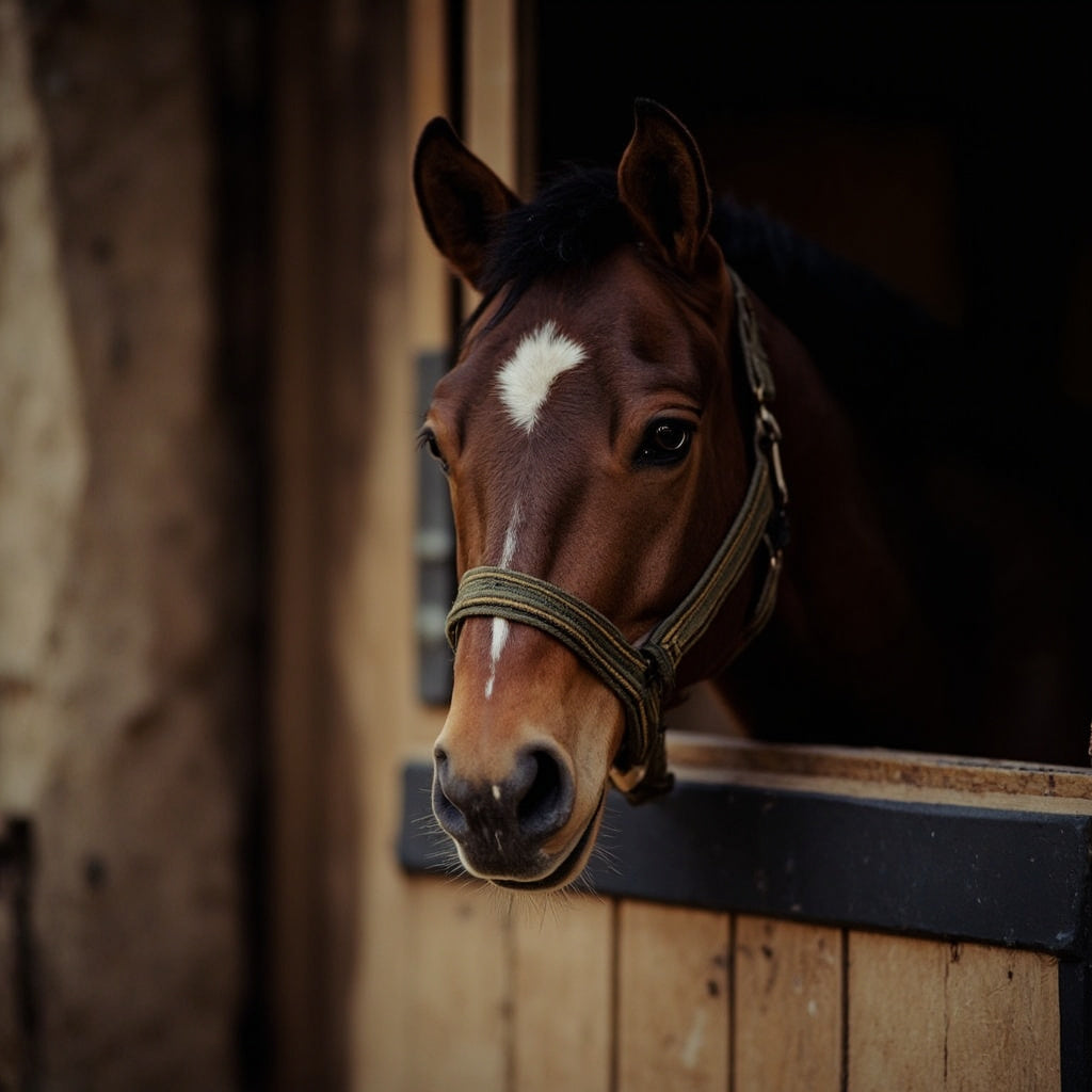 Senior horse looking out of a stable door for a CBD for senior horses guide