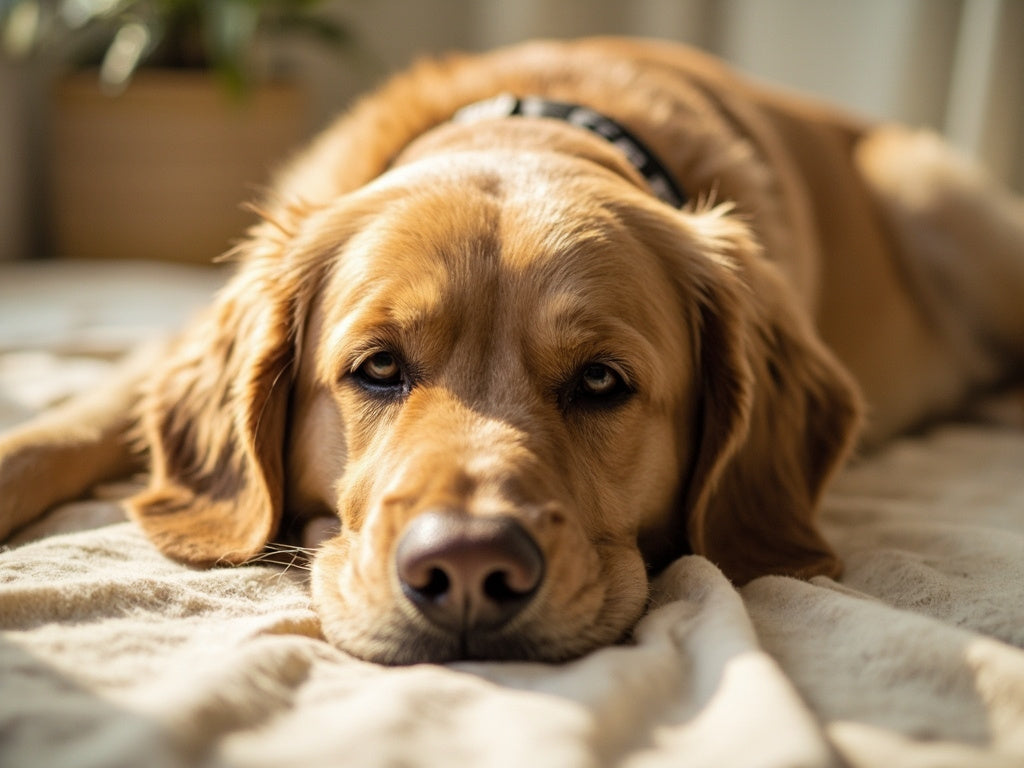 Golden retriever on linen blanket for CBD for dogs UK guide