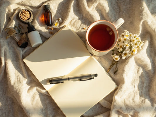 Linen flat-lay with tea mug and notebook for UK CBD beginners starter guide