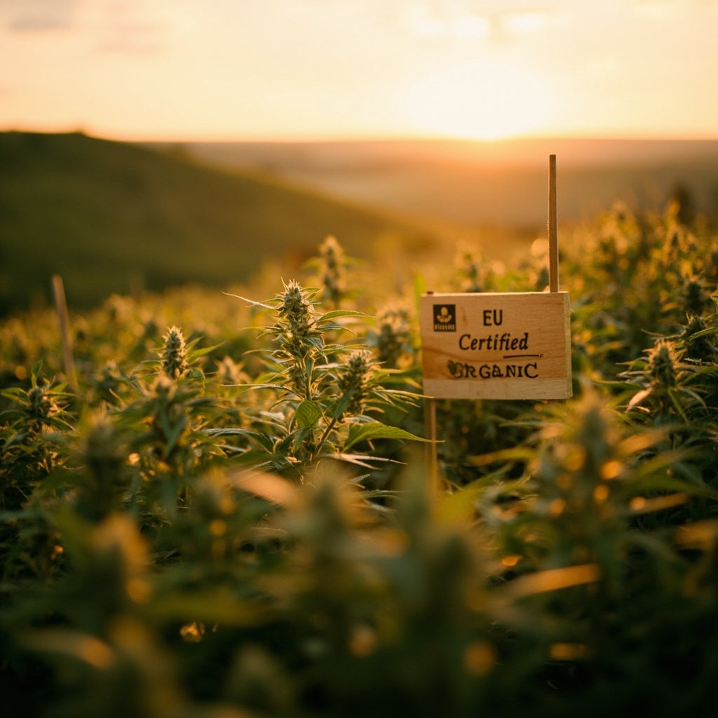 Organic hemp field at sunrise illustrating the difference between CBD and THC