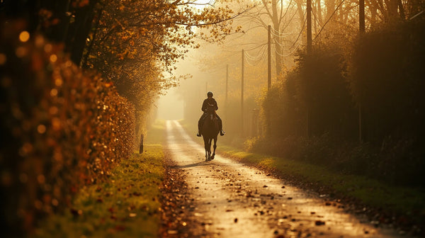 A horse and rider on a quiet English country lane in autumn