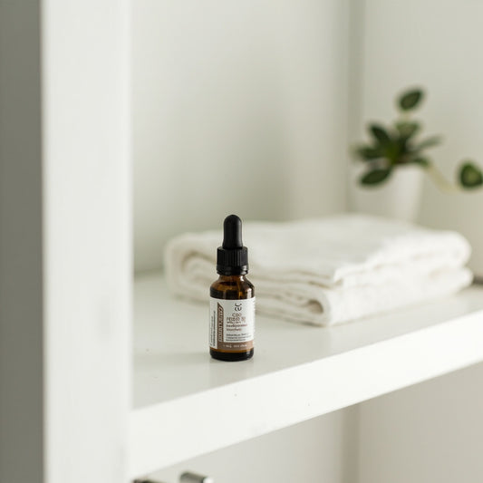 CBD bottles stored on a bathroom shelf illustrating CBD shelf life and storage