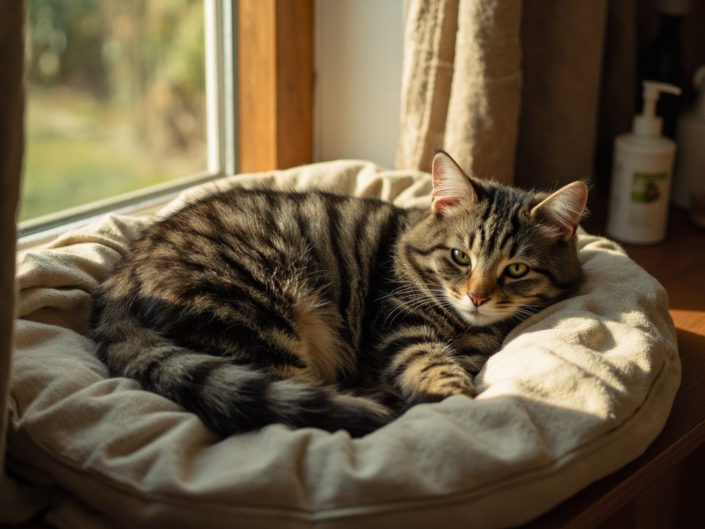 British shorthair cat on linen for CBD for cats UK guide