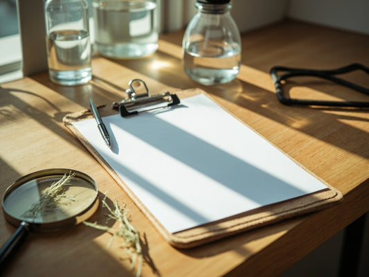 Wooden lab desk with magnifying glass and hemp for CBD lab reports COA UK guide