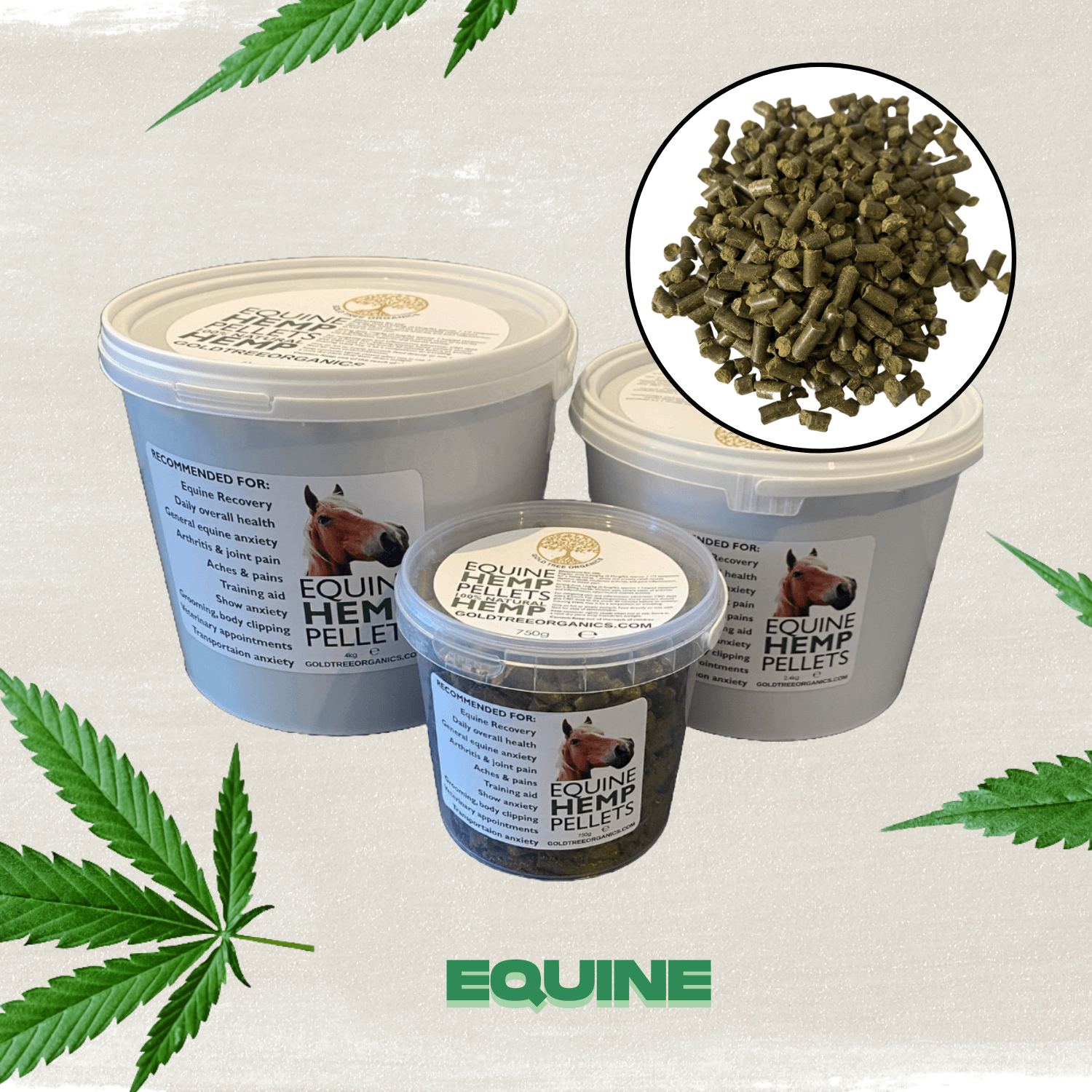 Gold Tree Organics equine CBD supplements tubs and hemp pellets for natural horse wellness and feeding