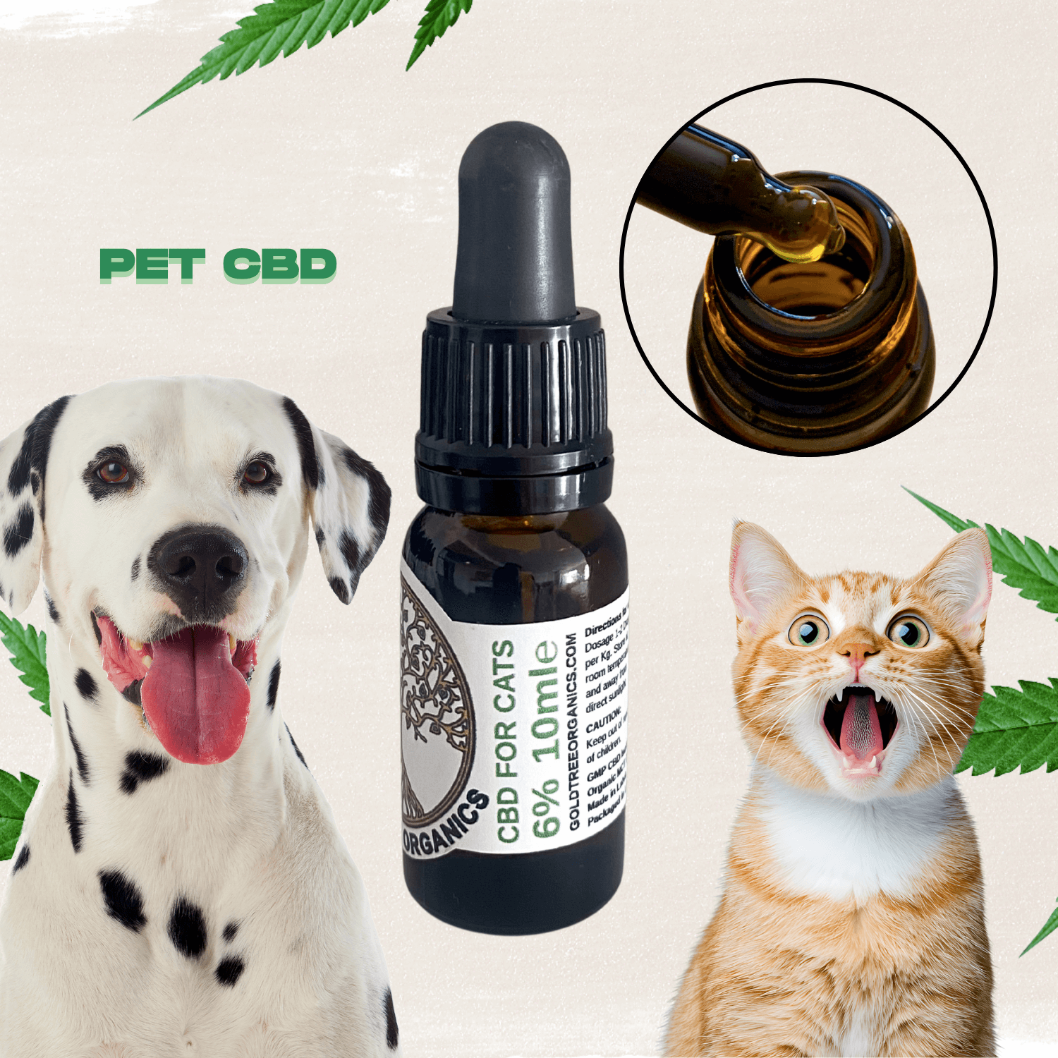 Gold Tree Organics CBD oil for pets collection showing tincture bottle with dropper and dog and cat
