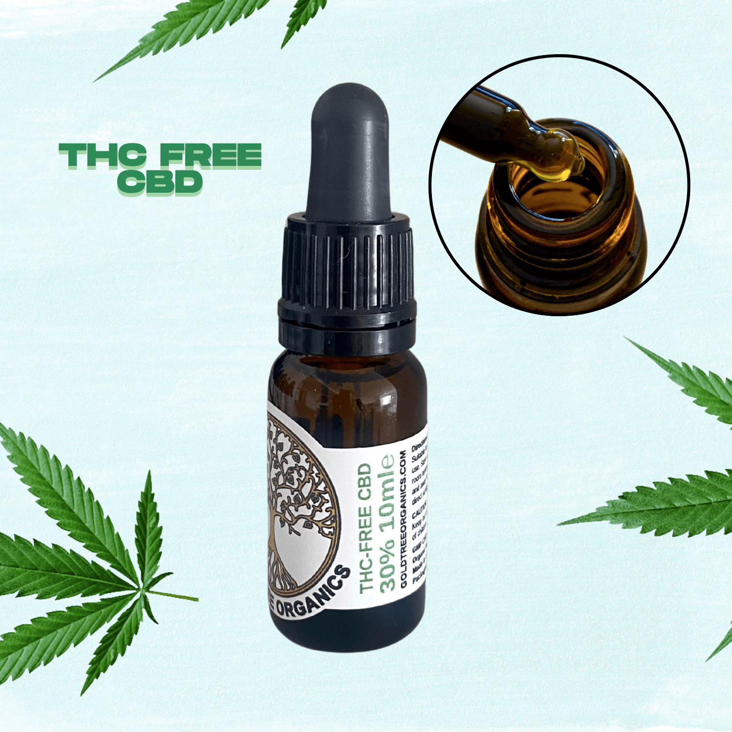 THC free CBD oil amber dropper bottle with pipette showing oil and hemp leaves for people and pets