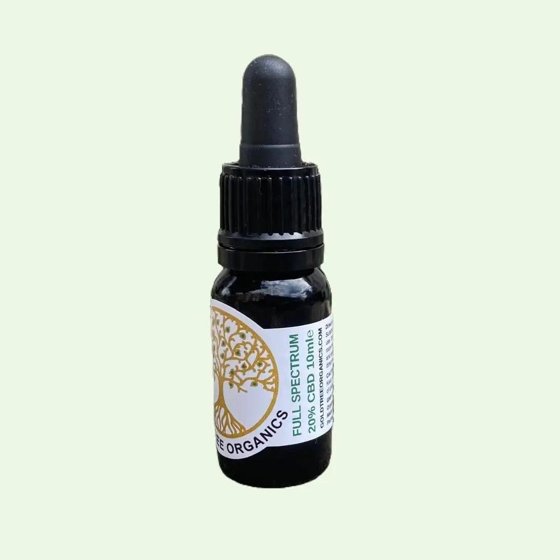 Premium Organic Full Spectrum CBD Oil 10ml dropper bottle close-up by Gold Tree Organics