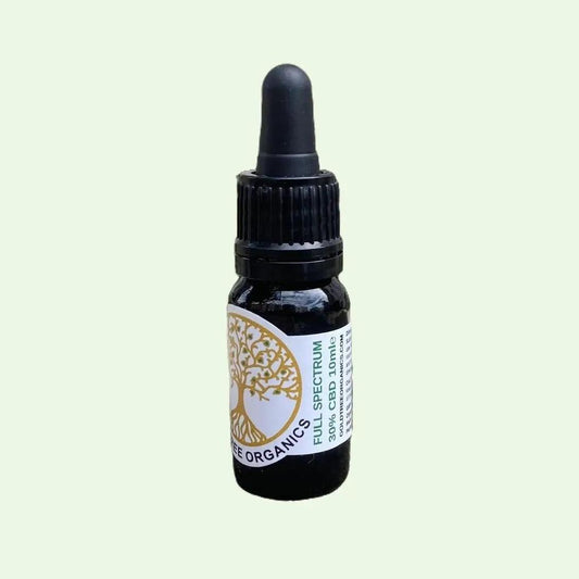 CBD oil dropper bottle with a label on a light green background