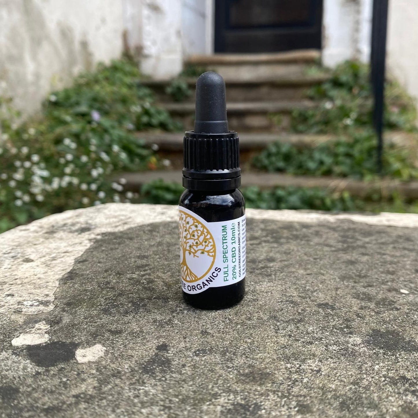 Small black bottle with dropper on a stone surface outdoors