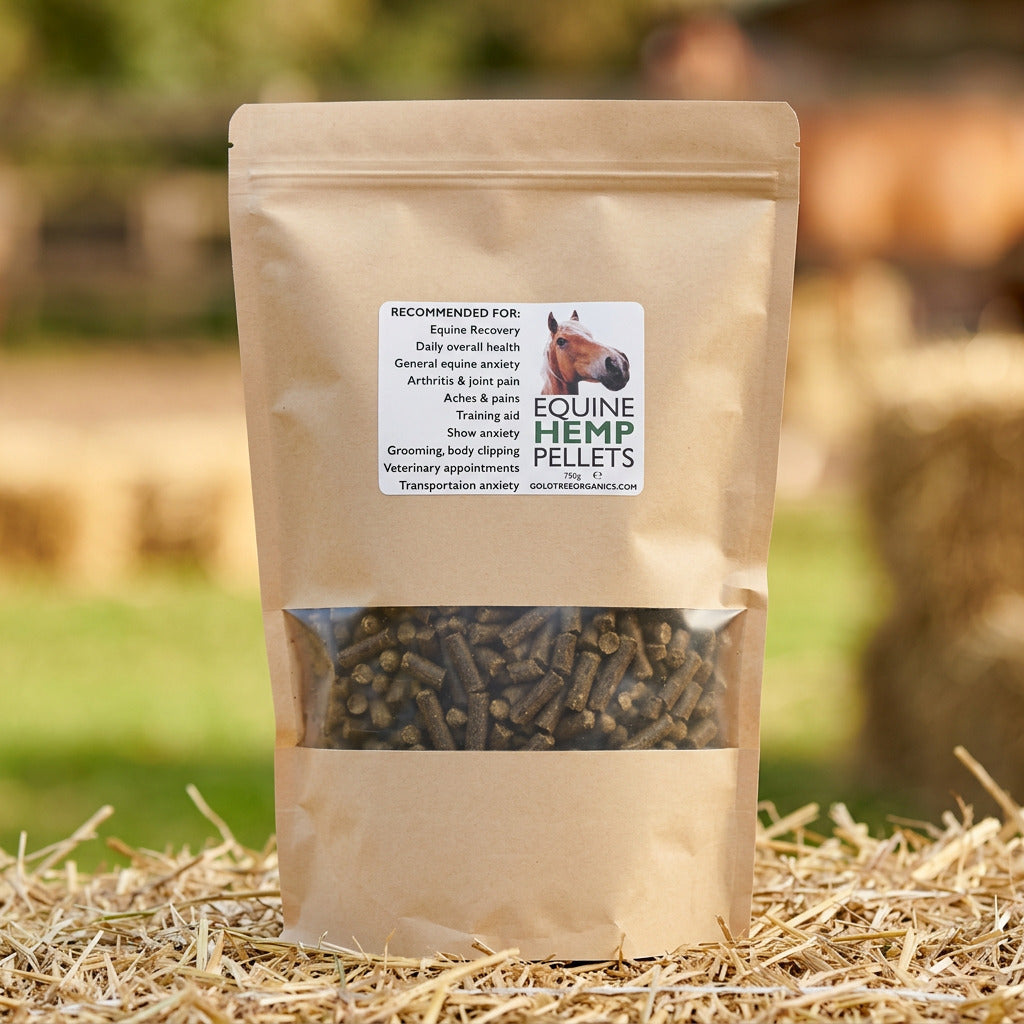 Gold Tree Organics Equine Hemp Pellets with CBD in kraft pouch packaging