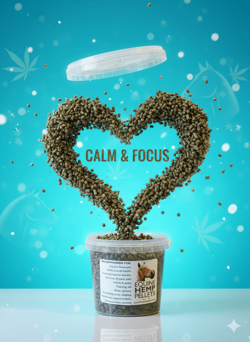 Gold Tree Organics Equine Hemp Pellets in a heart-shaped display for calm and focus in horses