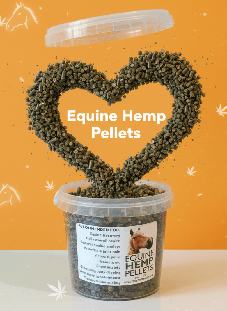 Gold Tree Organics Equine Hemp Pellets in a heart-shaped arrangement for equine health and recovery