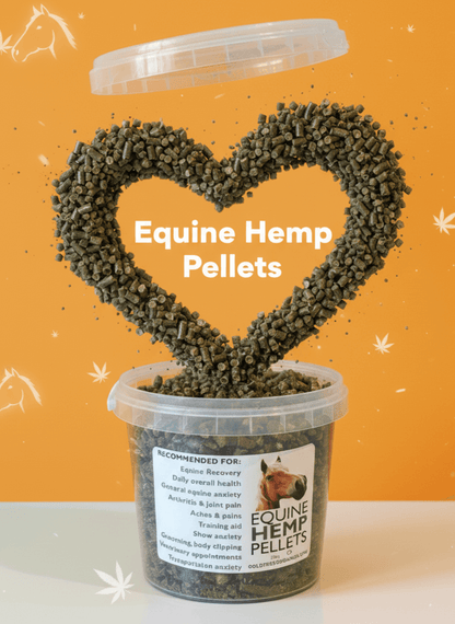 Gold Tree Organics Equine Hemp Pellets in a heart-shaped arrangement for equine health and recovery