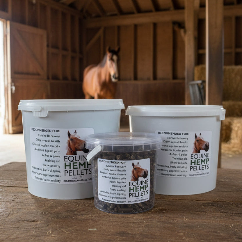 Gold Tree Organics equine hemp pellets in various containers for equine recovery and health support