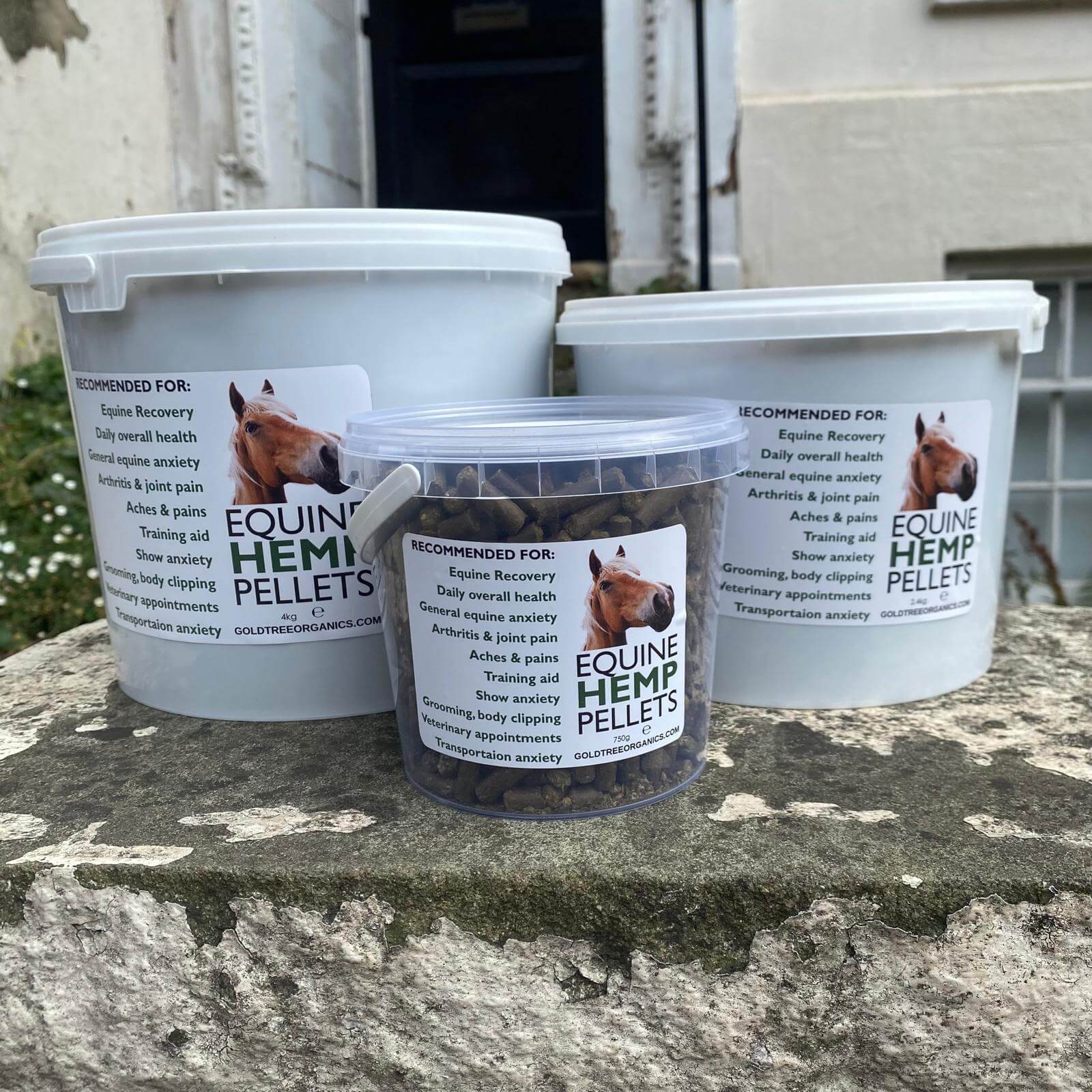 Gold Tree Organics equine hemp pellets in various containers for equine recovery and health support