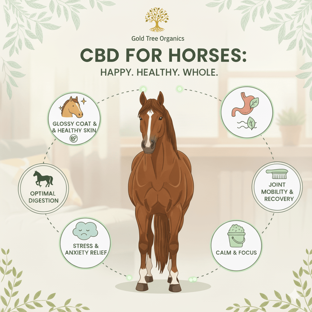 Gold Tree Organics equine hemp pellets promoting glossy coat, digestion, and anxiety relief for horses