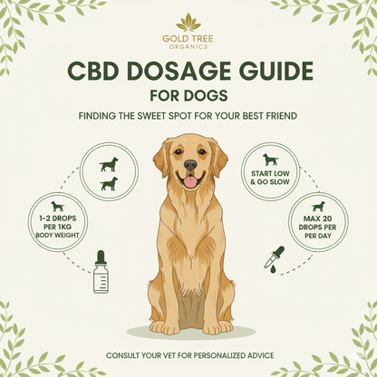 CBD dosage guide for dogs by Gold Tree Organics, featuring natural dog anxiety relief CBD tips and dosages