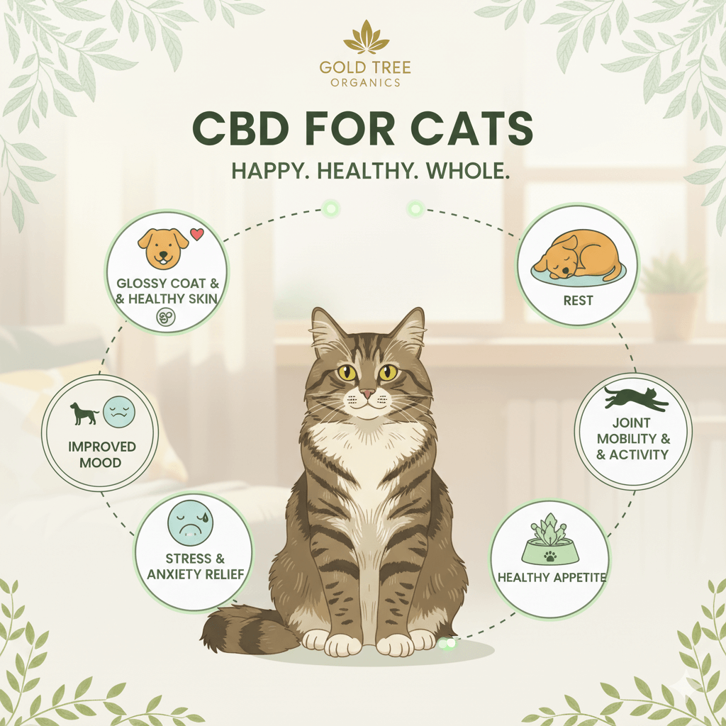 Gold Tree Organics THC free cat CBD drops for healthy skin, improved mood, and stress relief