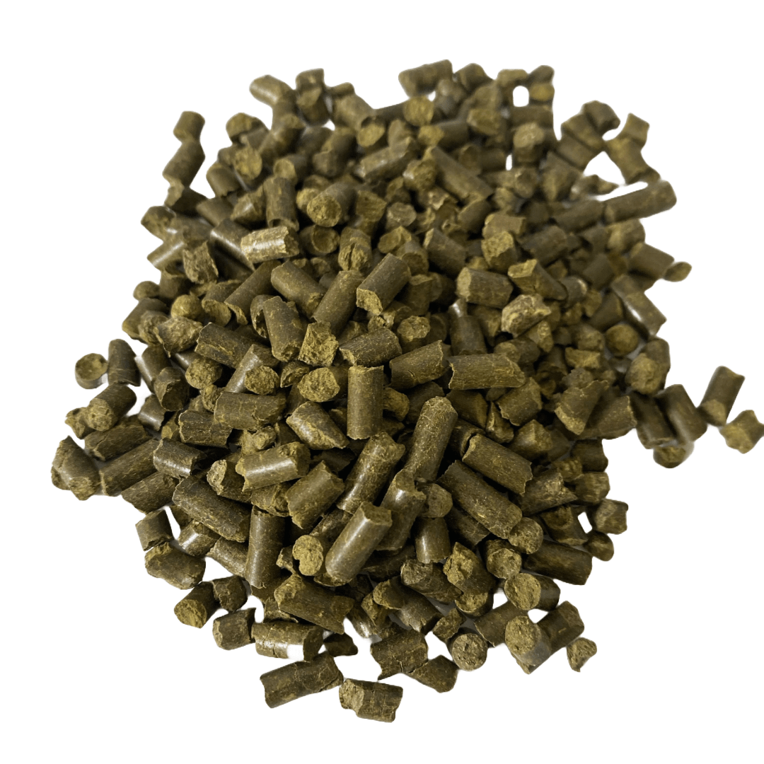 Gold Tree Organics equine hemp pellets pile of green brown cylindrical feed pellets for horses natural dietary supplement