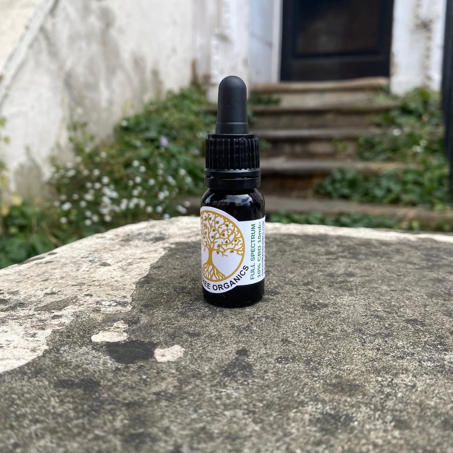 Gold Tree Organics full spectrum CBD oil in a dropper bottle on a stone surface
