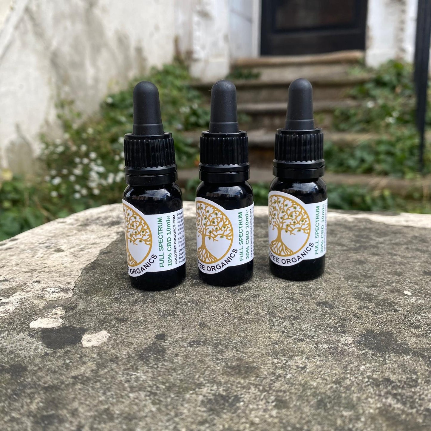 Three bottles of Gold Tree Organics full spectrum CBD oil on a stone surface outdoors