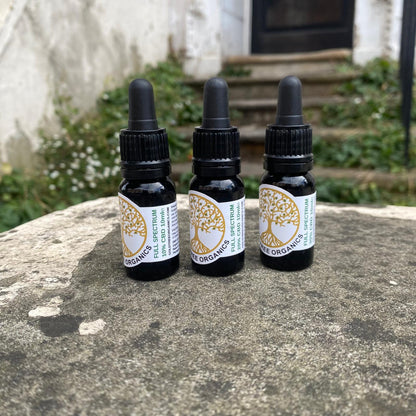 Three bottles of Gold Tree Organics full spectrum CBD oil on a stone surface outdoors