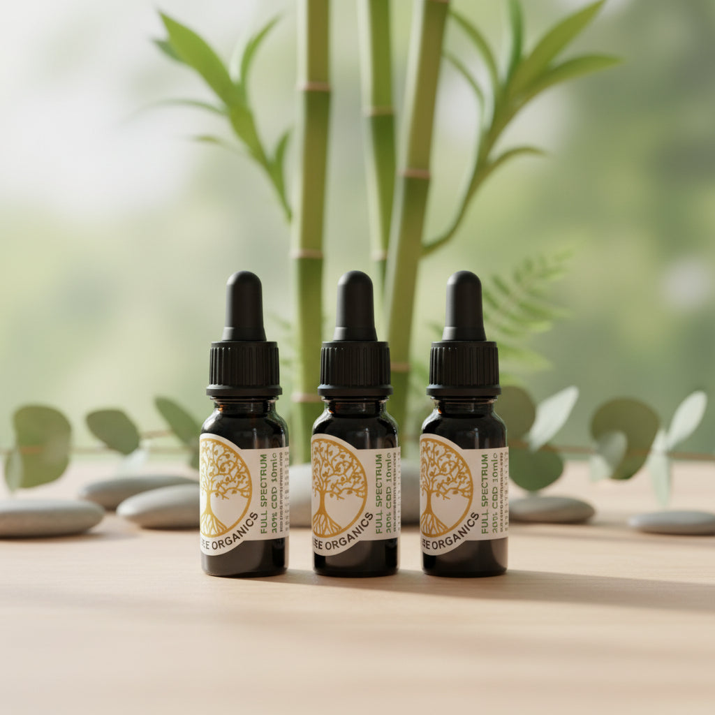 Gold Tree Organics full spectrum CBD oil bottles displayed on a stone surface outdoors