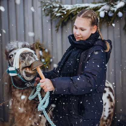 Girl in winter coat feeding a pony a Horse Lollypop on a wooden handle outside in falling snow